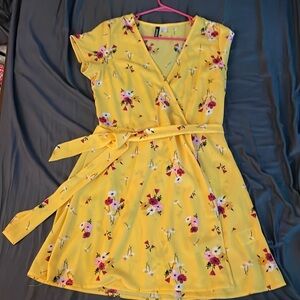 Yellow flower chiffon wrap dress